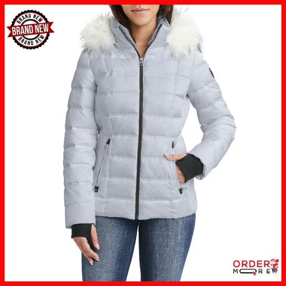 Womens Faux Fur Hooded Puffer Jacket Midweight Water Resistant